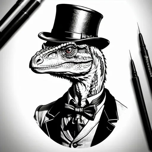 Prompt: velociraptor wearing a tophat, tattoo style, small needle, b&w, high detail, outline