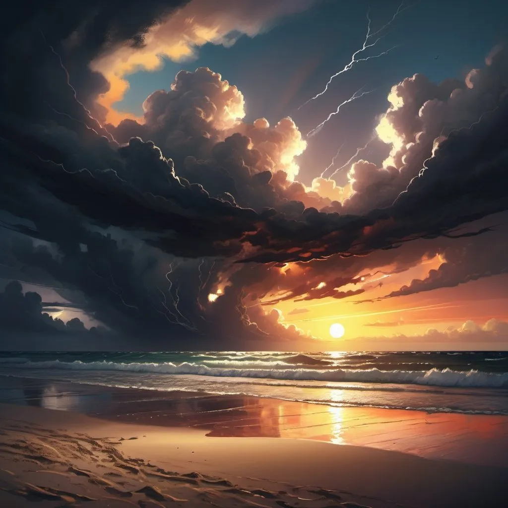 Prompt: sunrise over a beach, poetic inspiration, digital painting, intricate details, surreal elements, contrasting color palette of light and dark shades, dramatic lighting effects, summer sky with a hint of impending storm, D no specific artist, Artstation.