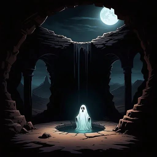 Prompt: dark night, mountain desert, glowing ghost peeking out of a well in the middle of the scene, horror, spooky, dark, low light