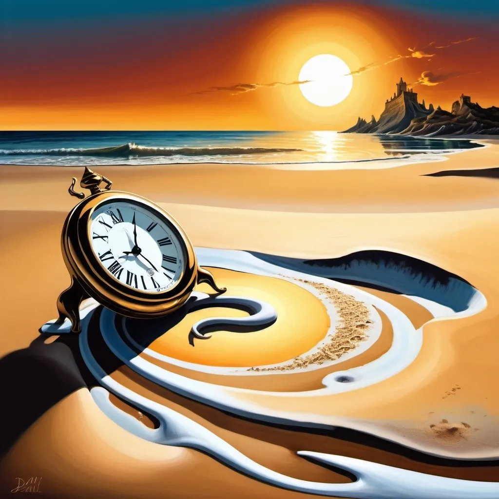 Prompt: sunrise over a beach, digital painting, surreal-realism, intricate details, elements, contrasting color palette of light and dark shades, dramatic lighting effects, clear summer sky, dragon melting into the sand, the sun as a clock, style of Salvador Dali.