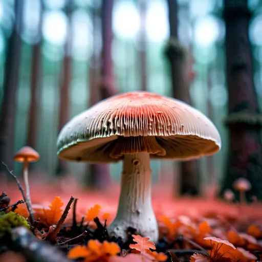 Prompt: 85mm lens, portrait of a mushroom, blurred background, infrared, photo-realism 