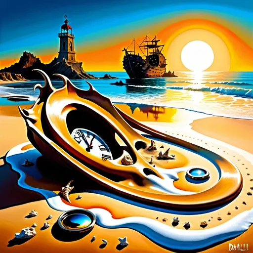 Prompt: Sunrise over a beach, digital painting, surreal-realism, intricate details, dragon melting into the sand, contrasting color palette, dramatic lighting effects, clear summer sky, clock sun, Salvador Dali style, shipwreck in background, highres, ultra-detailed, surreal-realism, dramatic lighting, intricate details, dragon melting, clock sun, Dali style, shipwreck, clear sky