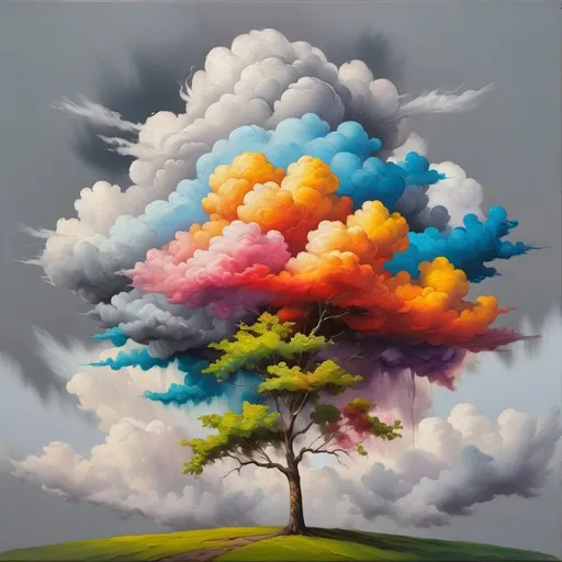 Prompt: a colorful cloud growing from a tree, grey background, oil painting