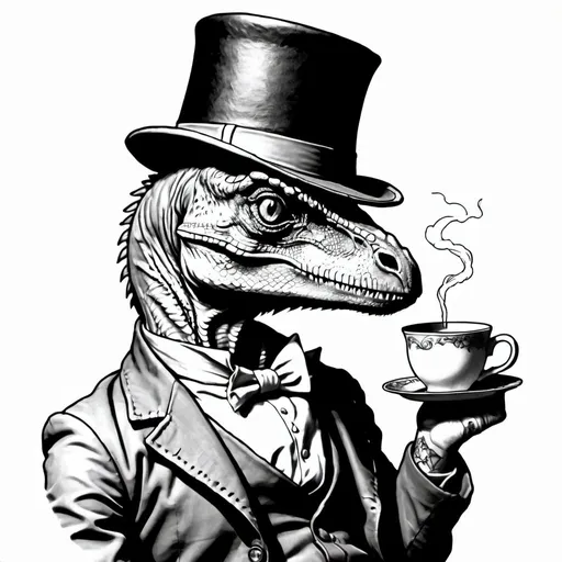 Prompt: Velociraptor wearing a tophat, drinking tea and pondering the meaning of existence, tattoo outline, small needle, detail shadow, philosophical, b&w