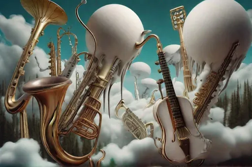 Prompt: Surreal forest of melting musical instruments, growing from the clouds, surreal realism, hyper details, 
