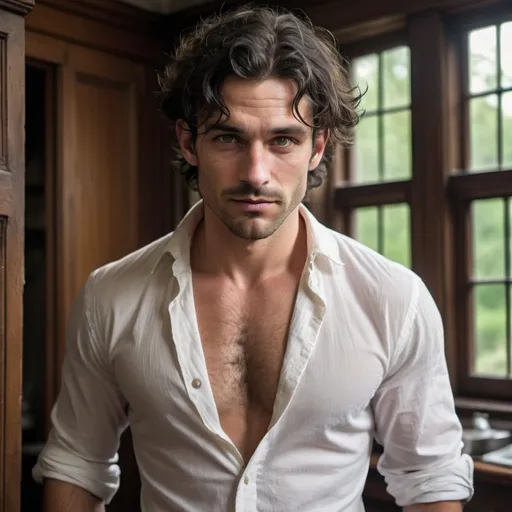 Prompt: messy, disheveled man, bare chest,  fully open button-down white shirt, unkempt clothing, (1920s alchemist)
wary, suspicious, wry smile, unconventionally handsome, whipcord muscle, tousled curly dark black hair pushed back, striking green eyes, heavy stubble, 
dark woodwork, mansion, warm and muted tones, soft lighting, paranoid 