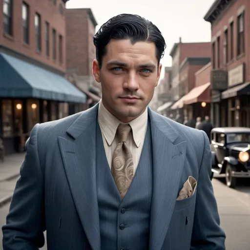 Prompt: strong, large man, (plain but handsome), (black hair with a silver streak), (blue eyes), (grey 1920s gangster suit), (friendly expression), (jovial demeanor), cinematic lighting, high detail, warm tones, vintage ambiance, 4K quality, dressed for success, relaxed posture, 1920s street, model ts