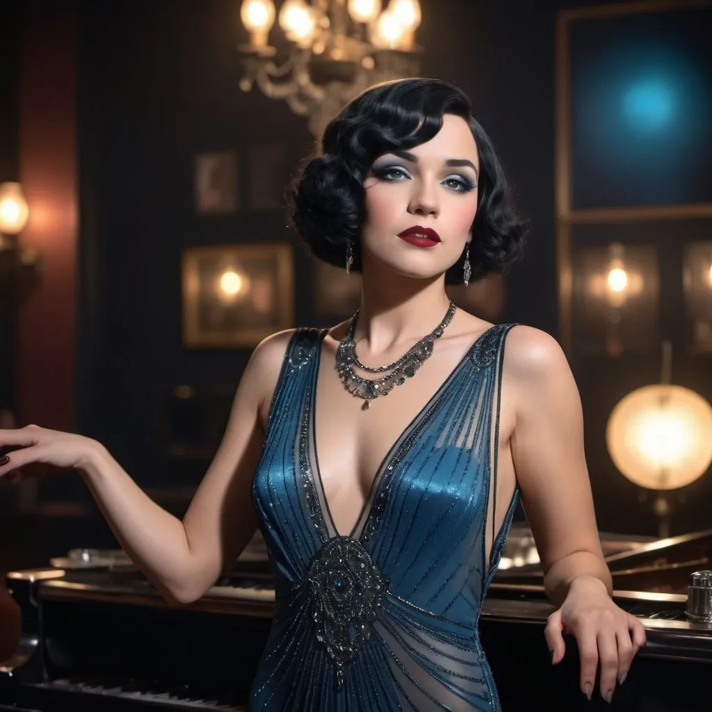 Prompt: (lounge singer), beautiful alluring woman with black hair, striking cerulean eyes, performing on stage, wearing an elegant black 1920s evening gown, smoky bar atmosphere with dim, moody lighting, vintage decor, sophisticated vibes,  jazz melodies lingering in the air, (highly detailed), 4K quality.