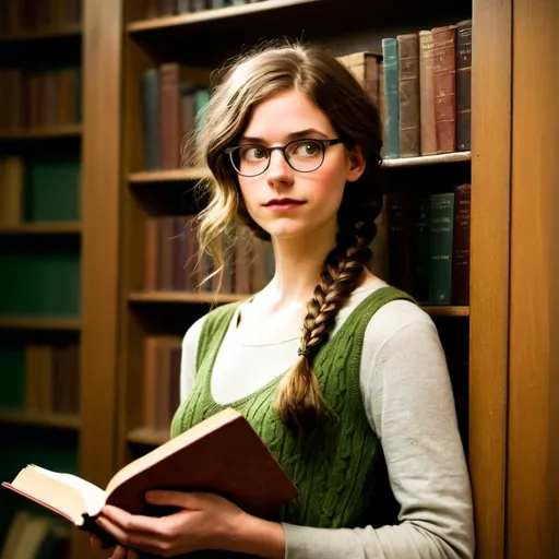 Prompt: reference image except dark green eyes and long hair braided over one shoulder, holding tome

(disheveled librarian), 1920s library setting, (dark academia), long brown hair in a braid over one shoulder, no makeup, glasses, green eyes, sweater vest, warm ambient lighting, rich wood shelves lined with old books, deep shadows creating a mysterious atmosphere, vintage-style furniture, soft focus background


