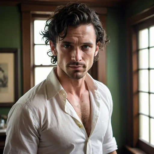 Prompt: messy, disheveled man, bare chest,  fully open button-down white shirt, unkempt clothing, (1920s alchemist)
wary, suspicious, wry smile, unconventionally handsome, whipcord muscle, tousled curly dark black hair pushed back, striking green eyes, heavy stubble, 
dark woodwork, mansion, warm and muted tones, soft lighting, paranoid 