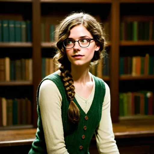 Prompt: disheveled librarian), 1920s library setting, (dark academia), long brown hair in a braid over one shoulder, no makeup, glasses, green eyes, sweater vest, warm ambient lighting, rich wood shelves lined with old books, deep shadows creating a mysterious atmosphere, vintage-style furniture, soft focus background

