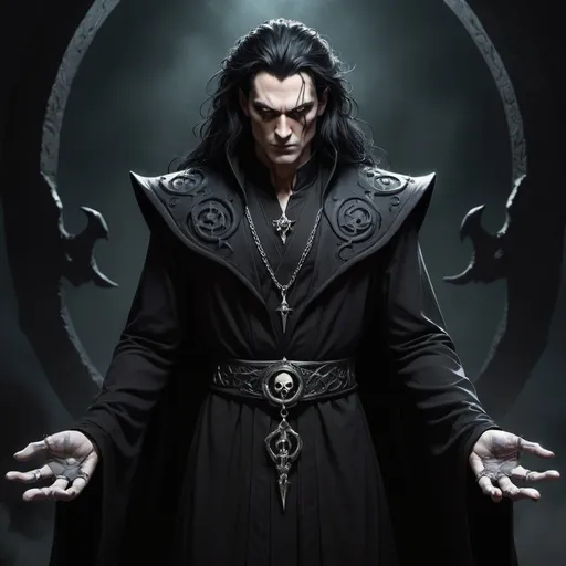 Prompt: Gender: Male  
Age: Middle-aged  
Ethnicity: Undefined/Otherworldly  
Build: Tall and imposing  
Hair: Long, jet-black, flowing  
Eyes: Piercing, glowing with inner darkness  
Skin: Pale, almost translucent  
Facial Features: Sharp and angular  
Attire: Dark, tattered robes adorned with arcane symbols  
Accessories: Pendant made from bones of enemies  
Expression: Menacing yet charismatic  
Pose: Commanding presence, exuding dark power  
Background: Shadowy and mysterious, with hints of arcane energies swirling around  
Overall Mood: Sinister, ominous, and powerful