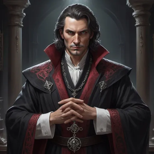Prompt: Lord Mortimer cuts a striking figure, exuding an air of aristocratic elegance and menace. He stands tall and imposing, with a commanding presence that demands attention whenever he enters a room. His features are sharp and angular, with piercing eyes that seem to hold secrets untold. Dark, wavy hair frames his face, adding to his enigmatic allure.

Draped in rich, flowing robes of deep crimson and ebony, Mortimer appears every bit the nobleman, yet there is an unsettling aura of darkness that surrounds him. His attire is adorned with intricate embroidery and occult symbols, hinting at his fascination with the dark arts. A silver amulet, adorned with arcane runes, hangs from his neck, a testament to his mastery over forbidden magics.

Despite his refined appearance, there is a palpable sense of danger that emanates from Mortimer, a reminder of the ruthlessness and ambition that lie beneath his polished exterior. His every movement is calculated and deliberate, betraying a mind that is always plotting and scheming. In the presence of Mortimer, one cannot help but feel a sense of unease, as if standing on the precipice of something dark and malevolent.