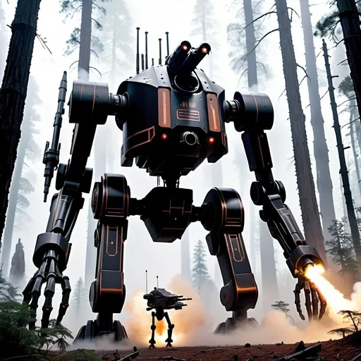 Prompt: a huge futuristic black large and thick limbed ai war battle droid that has large missile launchers on its shoulders and has a gatling-gun as its right arm, it should be fighting against other droids in a forest with thick fog surrounding it. have broken trees and craters in the around it from fights. lots of smoke