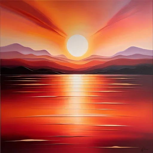 Prompt: Vibrant abstract painting of a serene sunrise, blend of warm red and orange hues, calming atmosphere, high quality, oil painting, relaxing mood, blended colors, serene setting, peaceful, warm tones, atmospheric lighting