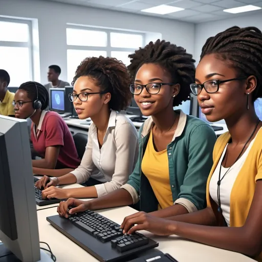 Prompt: African university students in a computer lab, realistic digital illustration, diverse group of students, modern computer equipment, vibrant and energetic atmosphere, high quality, realistic, diverse, energetic, computer lab, modern, university students, digital illustration, vibrant, African, computer equipment