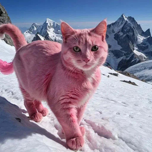 Prompt: Gatto rosa che cammina in cima al Monviso 