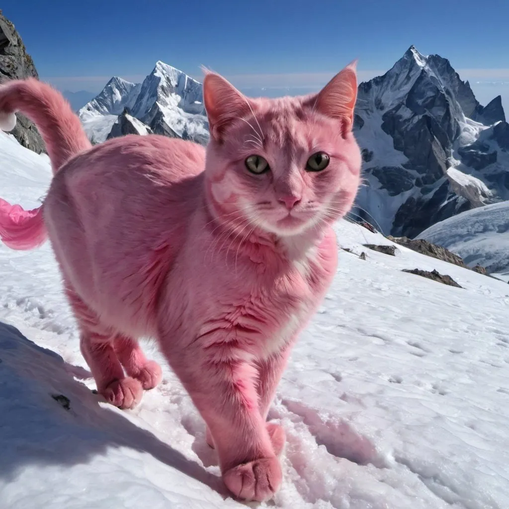 Prompt: Gatto rosa che cammina in cima al Monviso 