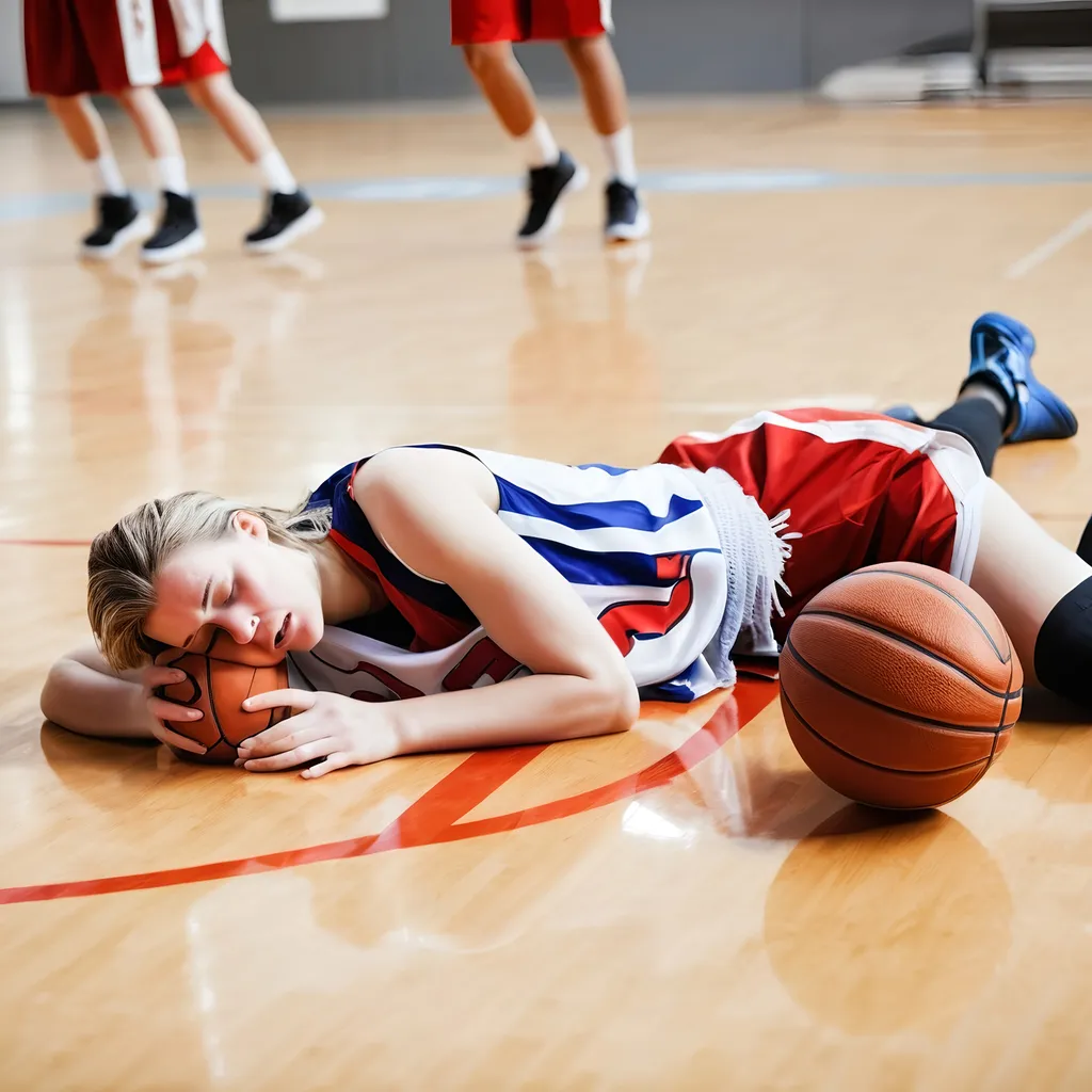 Prompt: White female basketball player unconscious on the floor