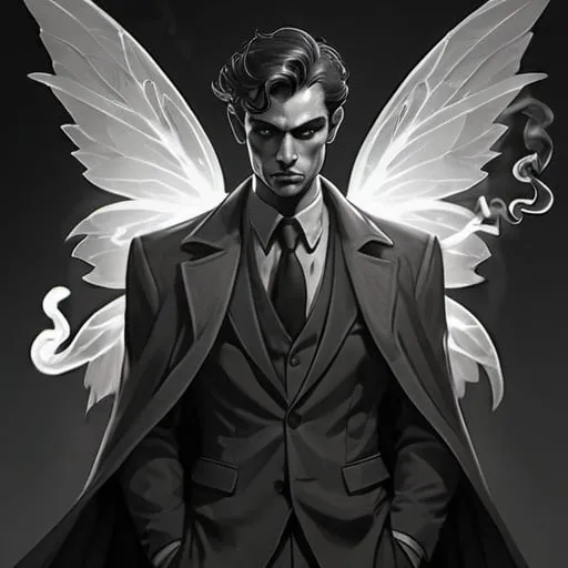 Prompt: Portrait of a noir detective DND fairy, detailed wings, holding long sword, smoking cigarette, grey suit, mysterious aura, fantasy noir, fantasy art, detailed fairy wings, detailed, fantasy, noir, batlle medieval sword, cigarrete in mouth