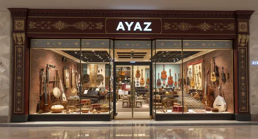 Prompt: “Ultra-realistic, high-detail front-view, eye-level render of AYAZ luxury musical instruments store, located inside a shopping mall. The store is 20 meters long with a large, continuous glass showcase fully visible from the front, displaying a curated, visually diverse collection of instruments: traditional Azerbaijani instruments like tar, kamancha, balaban, and naghara, alongside modern instruments such as pianos, guitars, violins, and flutes. Instruments are arranged aesthetically by type and size, with larger instruments in the background and smaller, eye-catching pieces in the foreground. The facade combines deep burgundy (#7B1E32) with a complementary light green (#4A8C4A), with subtle golden accents. Industrial-retro design elements—exposed metal frames, brick accents, minimalist signage—are harmoniously integrated. Azerbaijani national motifs are clearly visible above the entrance, along the window frames, and subtly on the facade, blending tradition with modern style. The interior is rich, harmonious, visually appealing, and fully aligned with the industrial-retro and national aesthetic, with no stylistic clashes. Warm, soft lighting highlights textures, colors, and intricate details both inside and outside, with realistic reflections, shadows, and slightly glossy flooring. The camera is positioned directly in front at eye level, capturing the full length of the showcase, emphasizing modern elegance, national identity, and the diversity of instruments.”