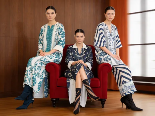 Prompt: The image shows three women sitting on a red armchair in front of a brwon wood wall. ,woman in the middle is sitting on the armrest of the chair with her legs crossed. Both women are their hair styled in a sleek updo.

The woman sitting. She has a serious expression on her face and is looking directly at the camera. The background is blurred, but it appears to be a room with a wooden floor and a large window with orange curtains. The overall mood of the image is elegant and sophisticated.

Note DONT CHANGE CLOTHIMG DESGIN,COLOE,LENGTH,PRINT ELEMENTS.