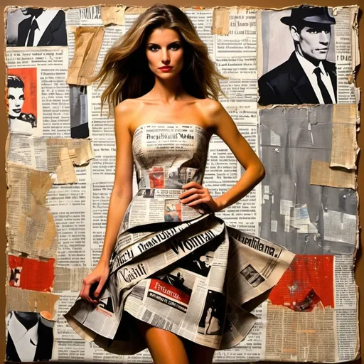 Prompt: collage impasto newspaper dress pretty woman

