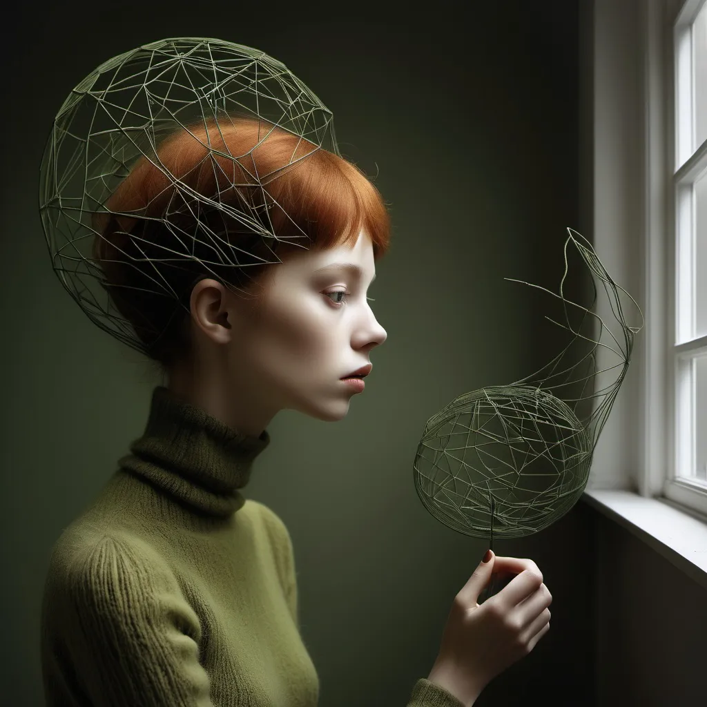 Prompt: how much will i have to give up?; by Igor Morski; by Laura Makabresku, by Marta Bevacqua, by patrick caulfield; by Remedios Varo,, 3d; made of wire and wool; evocative; 8k resolution; (olive green:1.0) and rust; dark, beauty, model, perfect compositon; darkness, shocking; dark background



