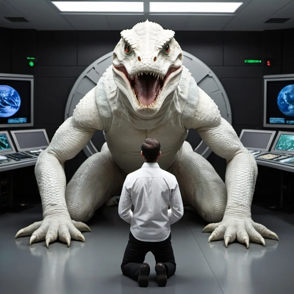 Prompt: A man kneeling in front of a large reptilian creature that is white with reptilian eyes inside a space mission control room