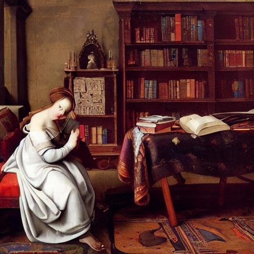 Prompt: renaissance painting of a noble girl  in a room full of ancient astronomy books and instruments 