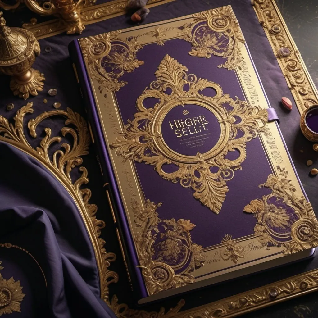 Prompt: (higher self journal with a royal aesthetic), scripting the ideal version of yourself, how to connect and channel your higher self, how to embody your highest self daily, integration techniques, photographing (black people), opulent and majestic details, rich gold and deep purple tones, ethereal ambiance, calming and reflective mood, detailed journal illustrations, ornate and luxurious background, high detail 4K, ultra-detailed design, pages filled with beautiful calligraphy, inspirational content, motivational atmosphere, photorealistic, professional design.