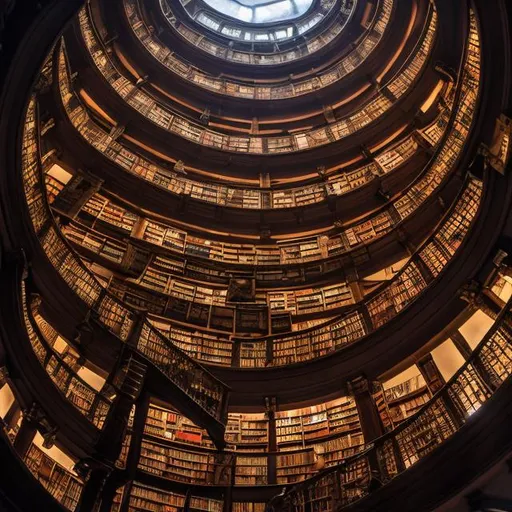 Prompt: A wide shot of the library of Babel, containing hundred of shelves crammed with books from top to bottom, from floor to ceiling. Small intricate spiral staircases here and there and corridors bounded by low railings. A few small lamps cast a dark light.