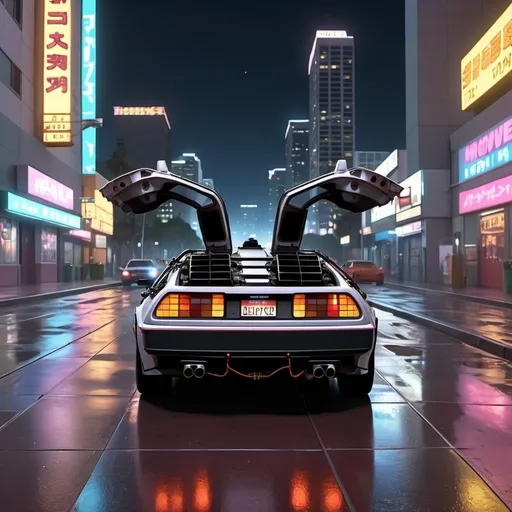Prompt: back to the future movie scene anime 8k style design, rush in Los Angeles City at night very realistic details