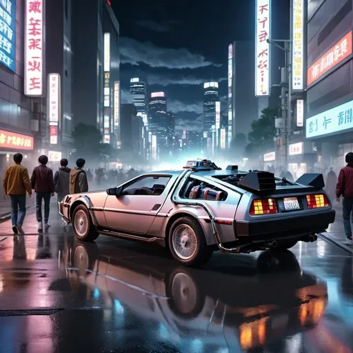 Prompt: back to the future movie scene anime 8k style design, rush in tokyo city at night in a war situation 