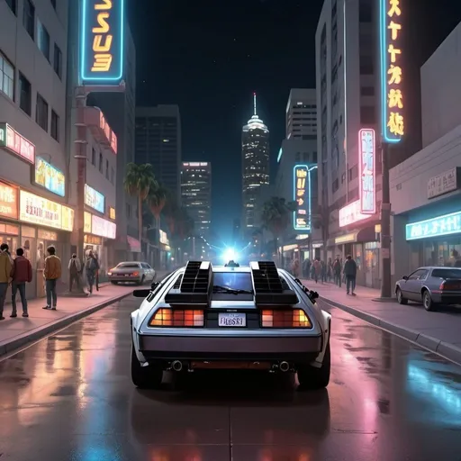 Prompt: back to the future movie scene Rush and War situation,  anime 8k style design, rush in Los Angeles City at night very realistic details