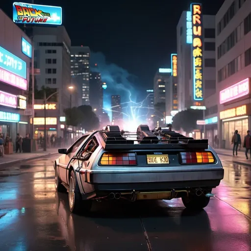Prompt: back to the future movie scene Rush and War situation,  anime 8k style design, rush in Los Angeles City at night very realistic details