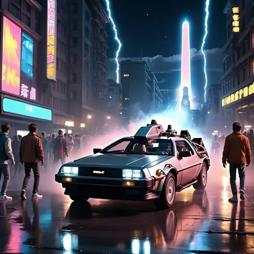Prompt: back to the future movie scene anime 8k style design, rush in the city at night in a war situation 