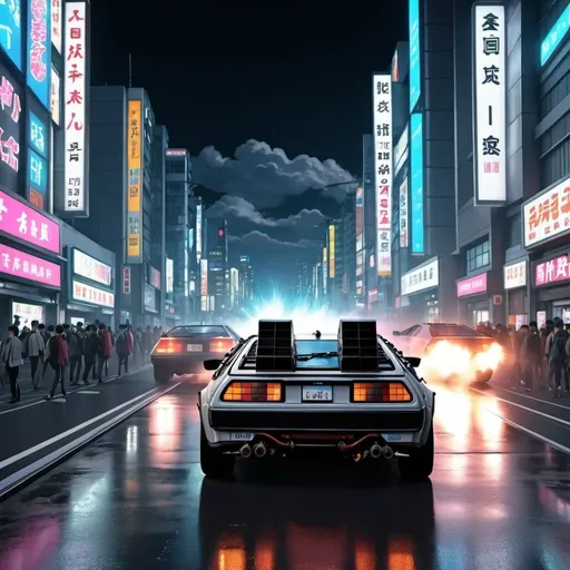 Prompt: back to the future movie scene anime 8k style design, rush in Tokyo City at night in a war situation 