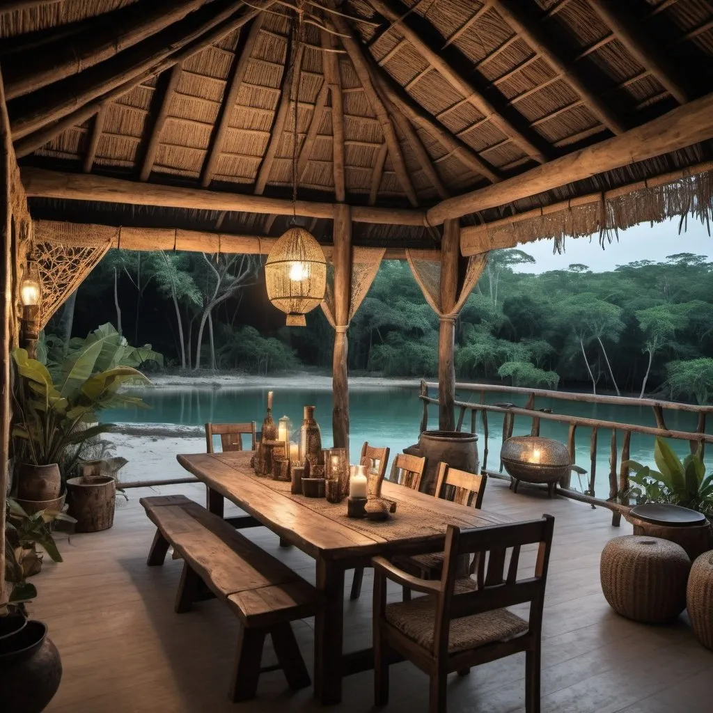 Prompt: a covered patio with black accent tones, boho furniture, rustic, in the jungle overlooking lagoon at night with safari animals in a distance, include rustic old table 