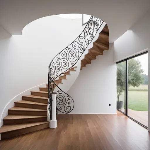 Prompt: A swirling staircase with creative railing in a farm house white walls with a bigger opening

