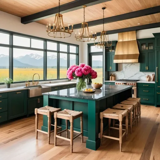 Prompt: a bright open farmhouse kitchen with glass walls, overlooking a field of wildflowers with mountains in the distance
dark emerald green cabinets, gold knobs, with a bouquet of bright peonies in a vase, include an island with black gold marble, light brown rustic hardwood floor, wooden island chairs with a modern chandelier above the island