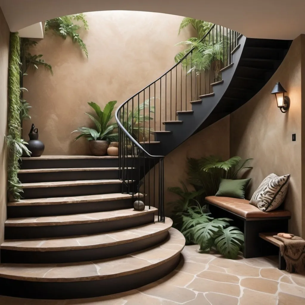 Prompt: elegant swirl staircase with black railing and earthy rustic floor, earthy colored walls, include greenery to fill in space with a modern bench as an accent piece, have one wall with soft jungle wallpaper, include a window to bring in natural light, at dusk, include bronze in the railing, rustic italian cobble stones safari 
