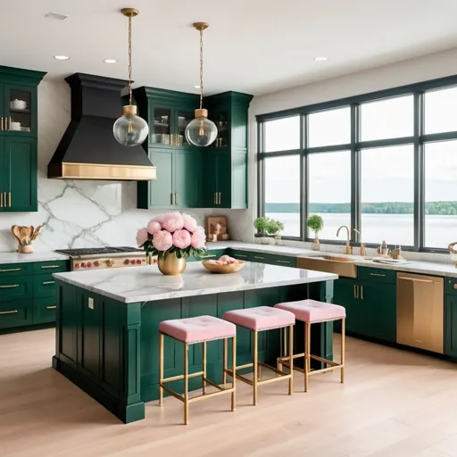 Prompt: a bright open kitchen with glass walls, overlooking a lake.
dark emerald green cabinets, gold knobs, with a bouquet of light pink peonies in a vase, include an island with white gold marble,  some floating cabinets, light brown rustic hardwood floor, bohemian black island chairs