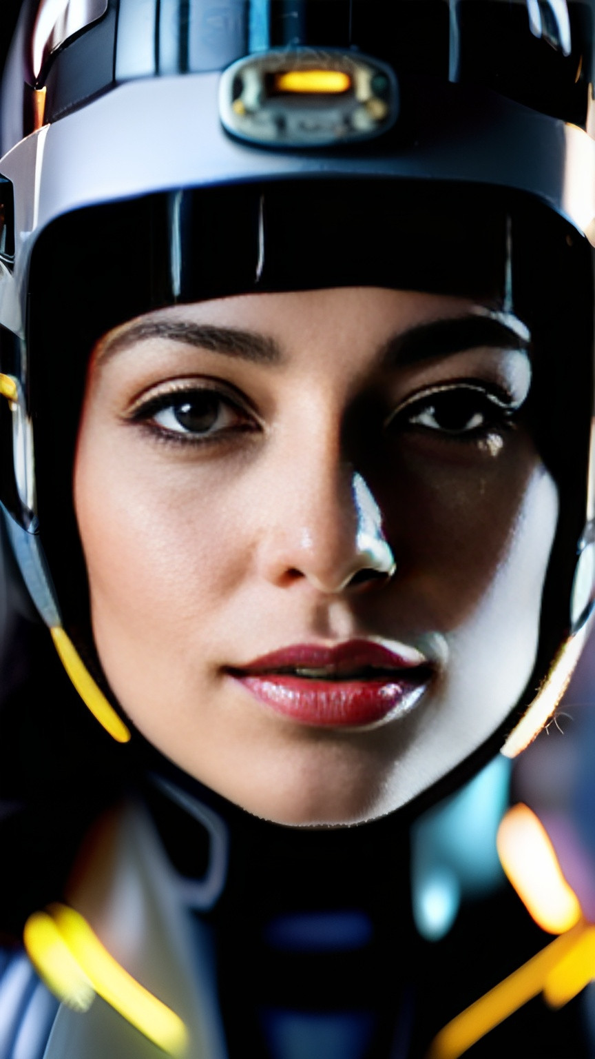 Prompt: portrait of a beautiful woman, supermodel, 50mm lens, nikon D750, beauty dish light, transparent helmet covering face, bokeh background, 