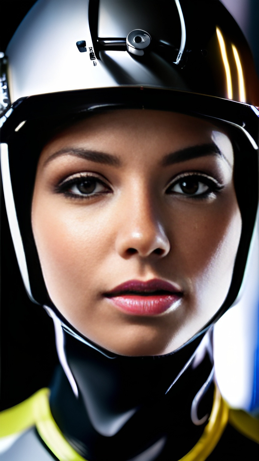 Prompt: portrait of a beautiful woman, supermodel, 50mm lens, nikon D750, beauty dish light, transparent helmet covering face, bokeh background, 