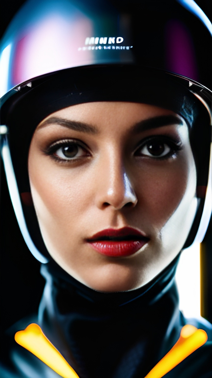 Prompt: portrait of a beautiful woman, supermodel, 50mm lens, nikon D750, beauty dish light, transparent helmet covering face, bokeh background, 