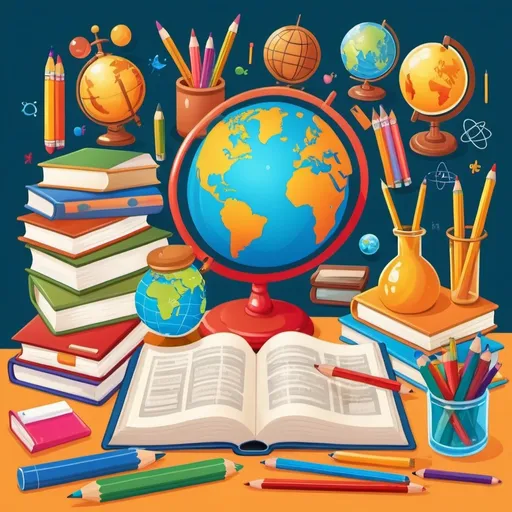 Prompt: (illustration of diverse school subjects), colorful and engaging, cartoonish style, featuring elements like books, pencils, globe, science flask, and art supplies, vivid colors, friendly and welcoming atmosphere, educational theme, organized layout, suitable for attracting students' attention, high-quality vector design, perfect for a thumbnail representation of a school curriculum.