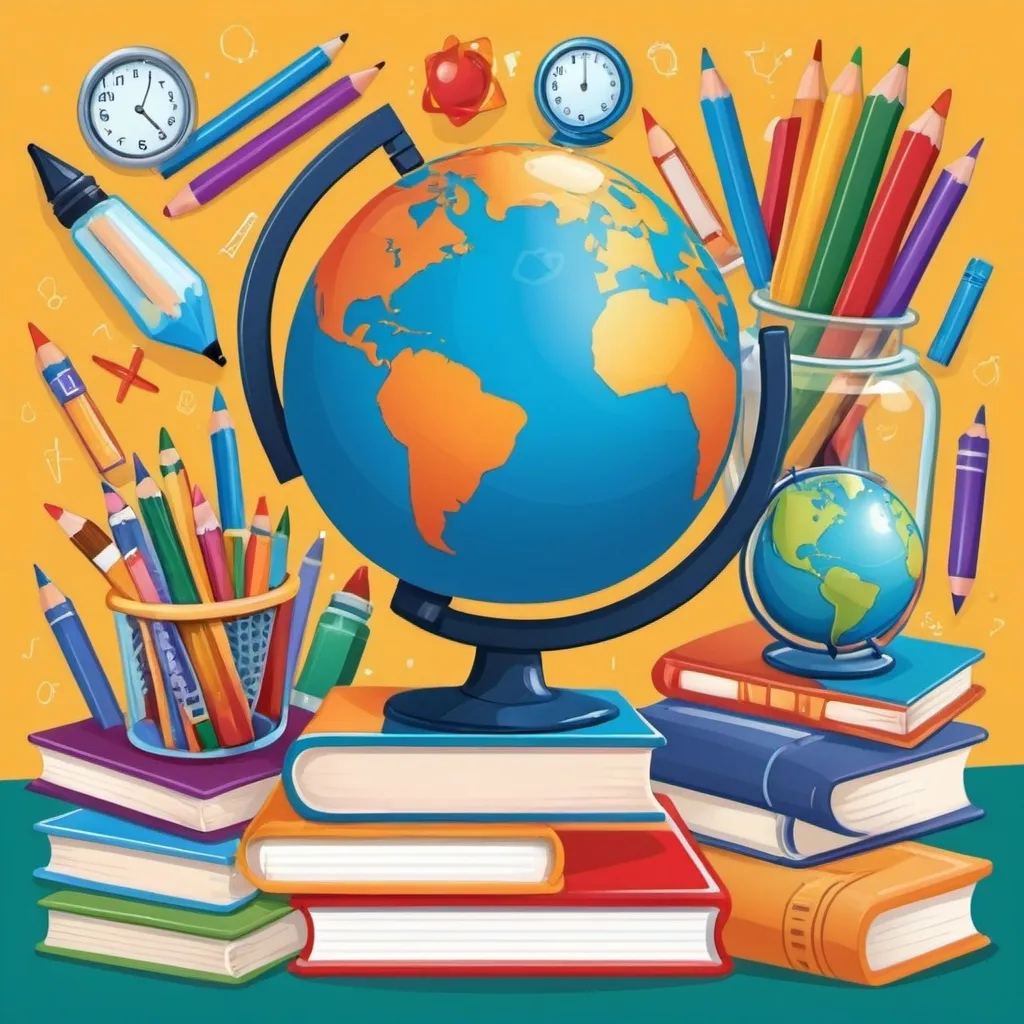 Prompt: (illustration of diverse school subjects), colorful and engaging, cartoonish style, featuring elements like books, pencils, globe, science flask, and art supplies, vivid colors, friendly and welcoming atmosphere, educational theme, organized layout, suitable for attracting students' attention, high-quality vector design, perfect for a thumbnail representation of a school curriculum.