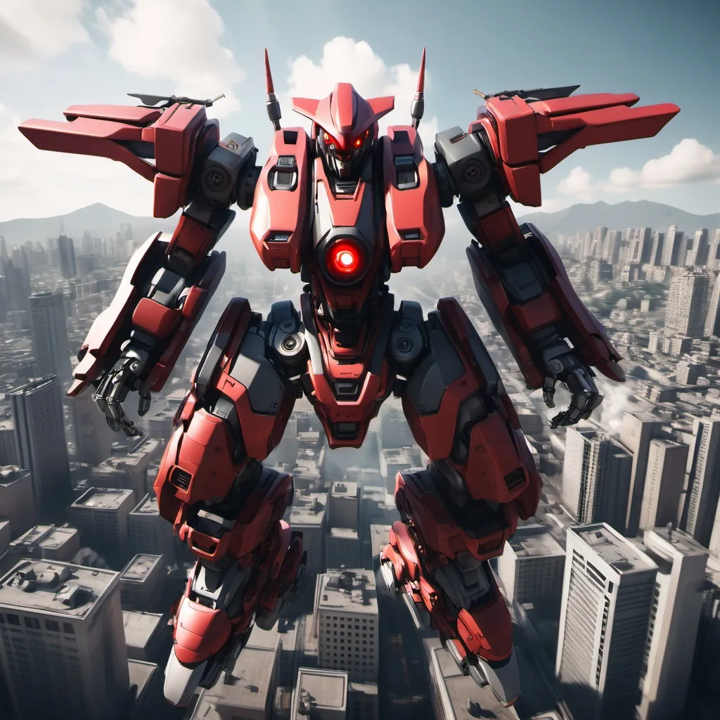 Prompt: Mecha with one red eye, flying over a city, full-body, cinematic render