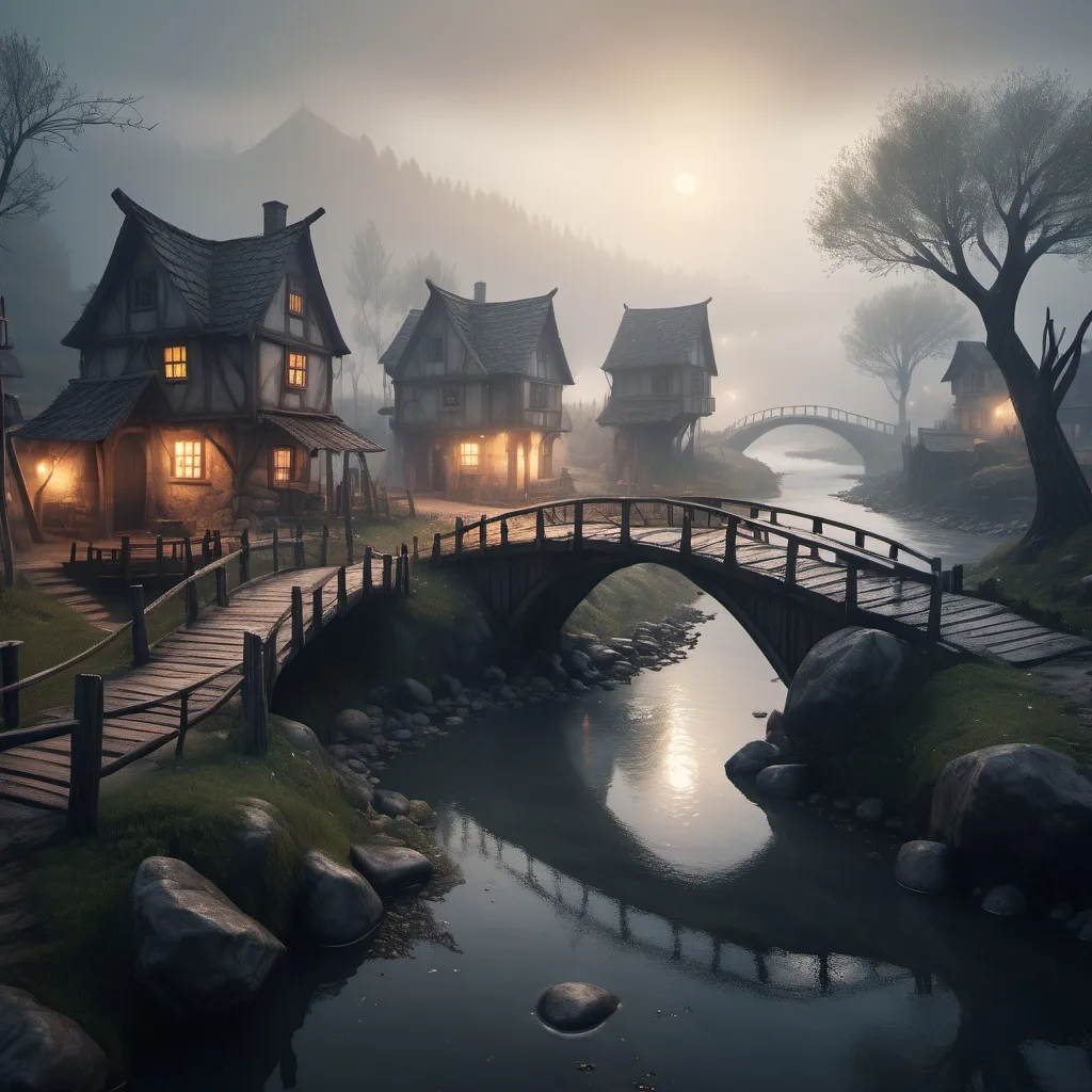 Prompt: small settlement, foggy, bridge and river, dramatic fantasy settlement scene, cinematic lighting